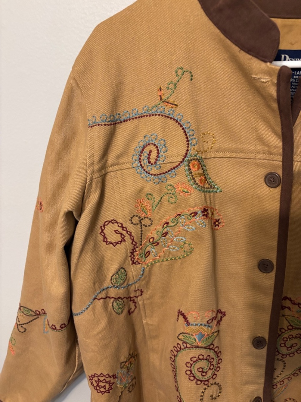 Denim & Co. Embroidered Tan Jacket with Brown Trim - Picture 4 of 13